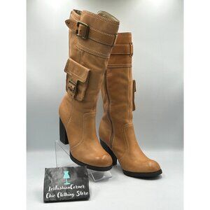 Report Victory Womens Light Tan Leather Knee-High Cargo Pocket Boots Sz 7.5 3190